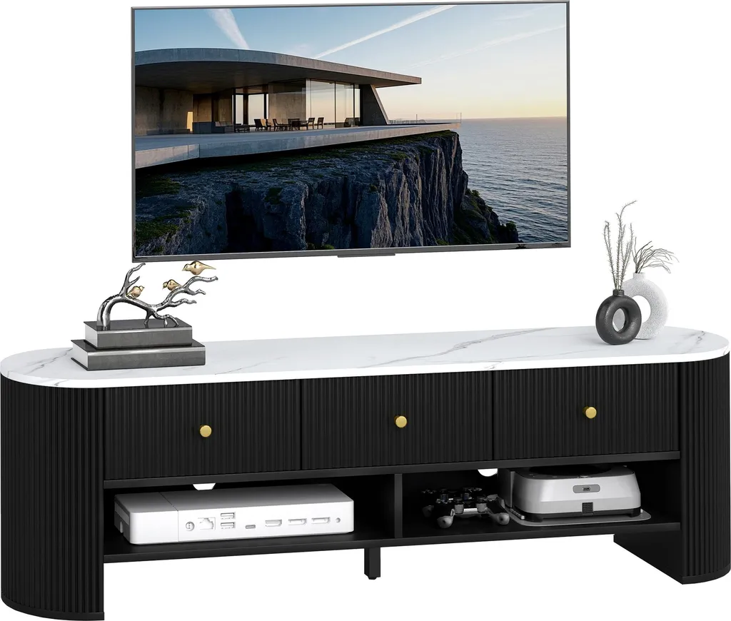 Meuble TV 140 cm pour salon rangé : effet marbre noir et 3 tiroirs