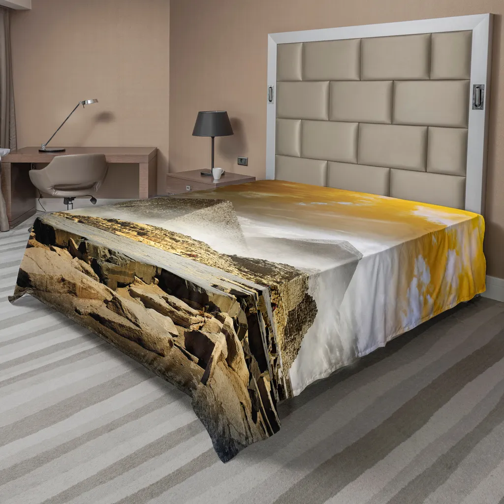 Drap Plat pour Lit Décoratif Ambiance Voyage Orient Pyramides Crème
