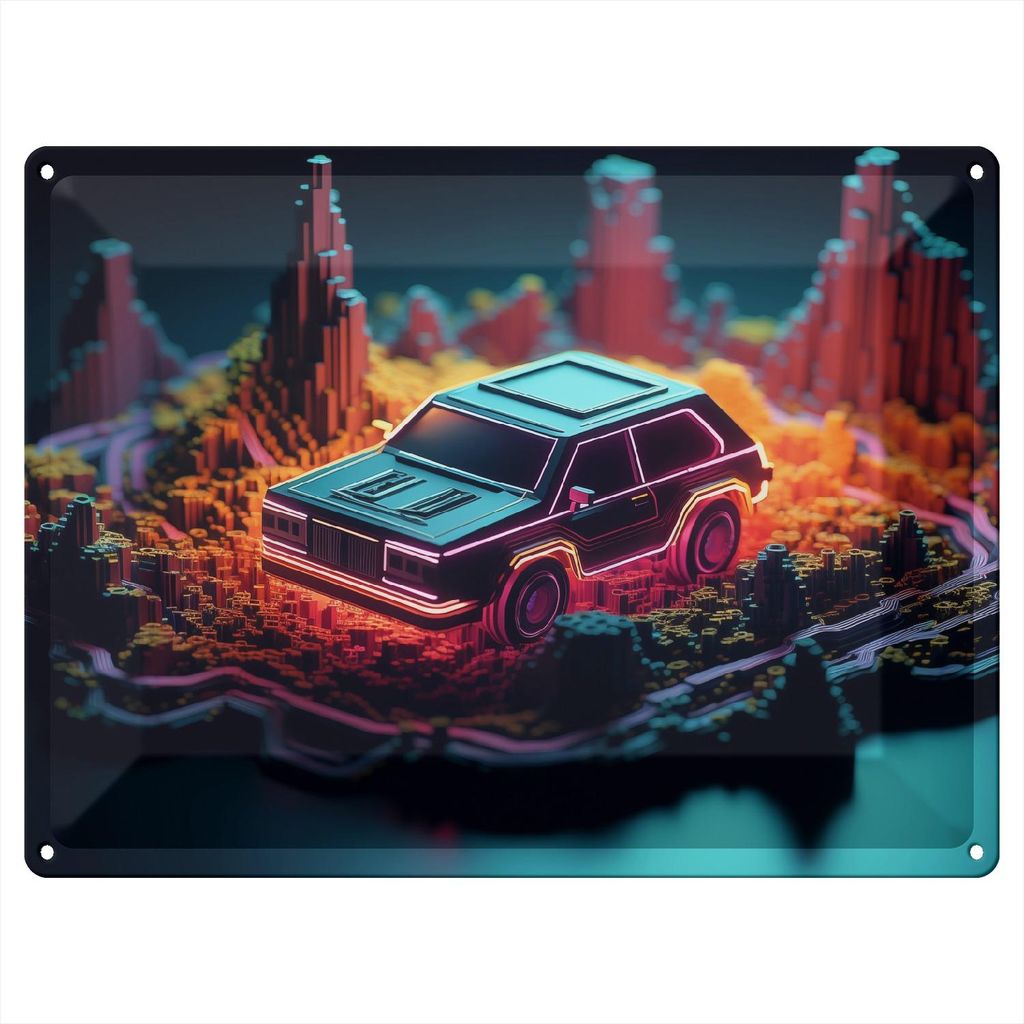 Wallario Blechschild Wandbild in : Brillante Farben, Größe 30 x 40 cm Motiv Pixel-Roadtrip