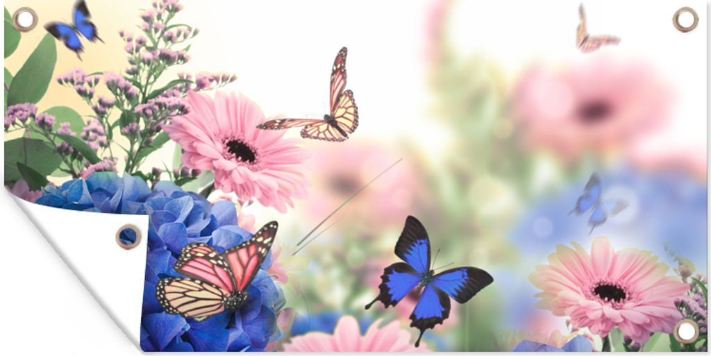MuchoWow 80x40 cm Outdoor-Poster Gartendeko Sichtschutz Garten Poster für den Garten Schmetterlinge - Blumen - Hortensien - Insekten