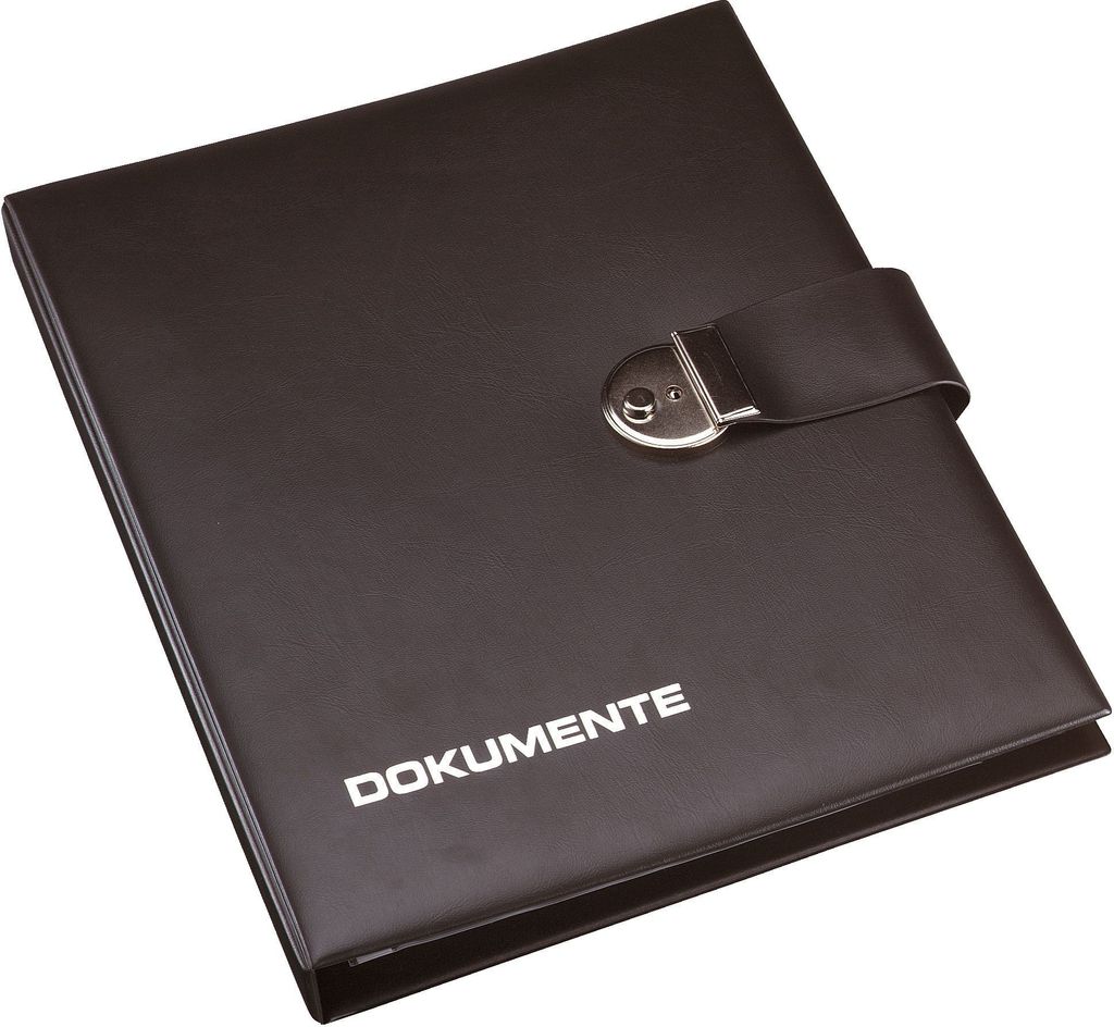A black document folder with a silver clasp and the word "DOKUMENTE" printed on it.