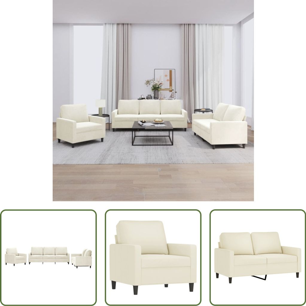 The Living Store 3-tlg. Sofagarnitur mit Kissen Creme Samt