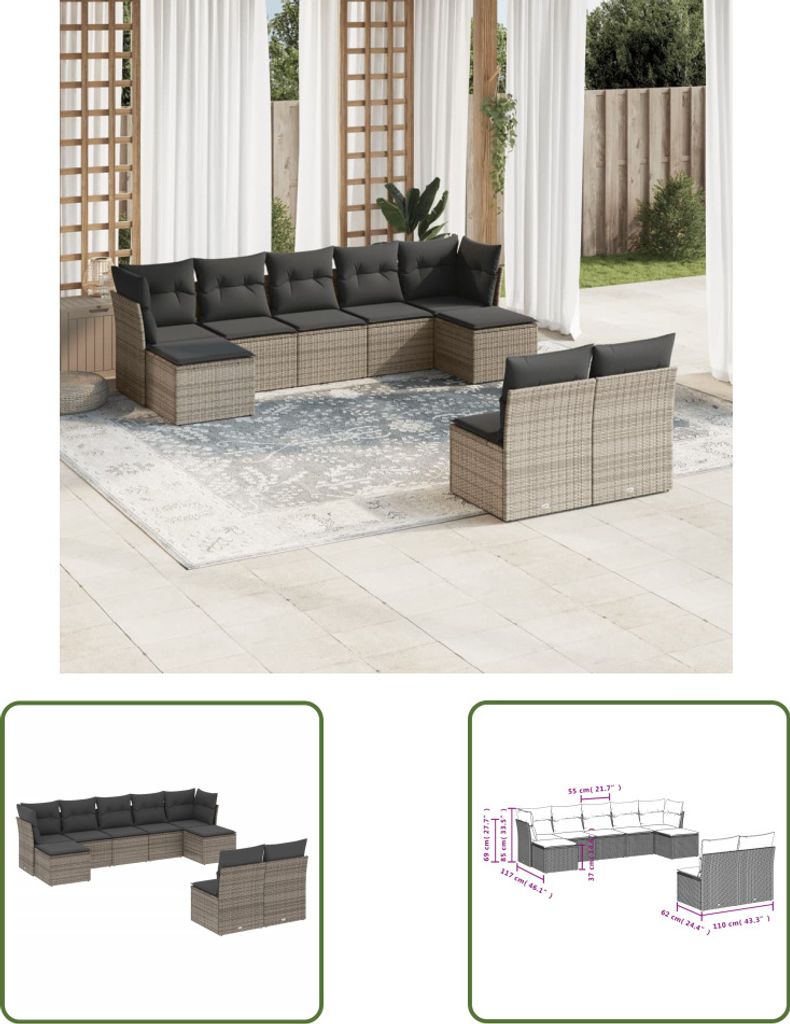 The Living Store 9-tlg. Garten-Sofagarnitur mit Kissen Grau Poly Rattan