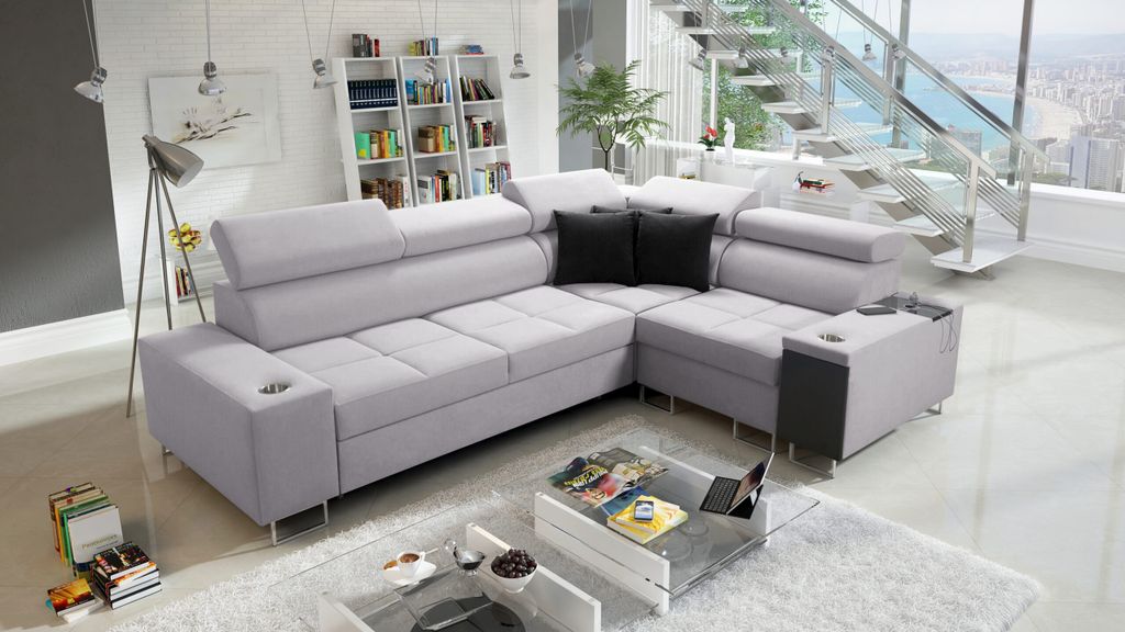 Kaiser Möbel Elegantes Ecksofa mit Konsole und Ladegerät MORENA II Sawana Hellgrau Rechts