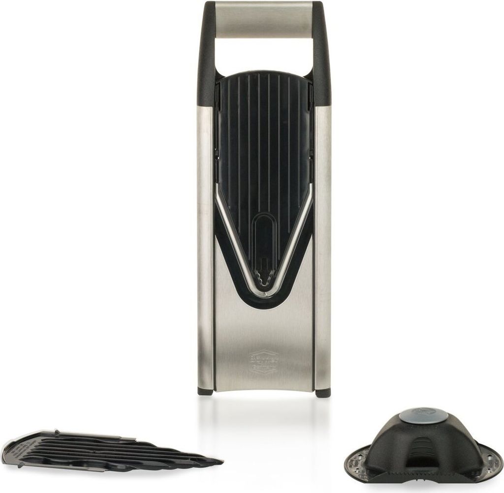 A kitchen slicer and its accessories are displayed against a white background.