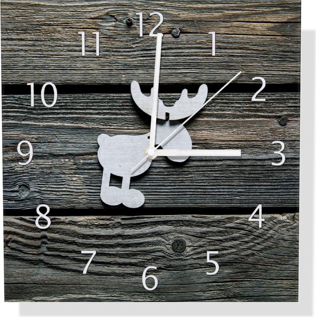 Wallario Design Wanduhr Elch Symbol in weiß, vor dunklem Holz aus Aluverbund, Größe 30 x 30 cm