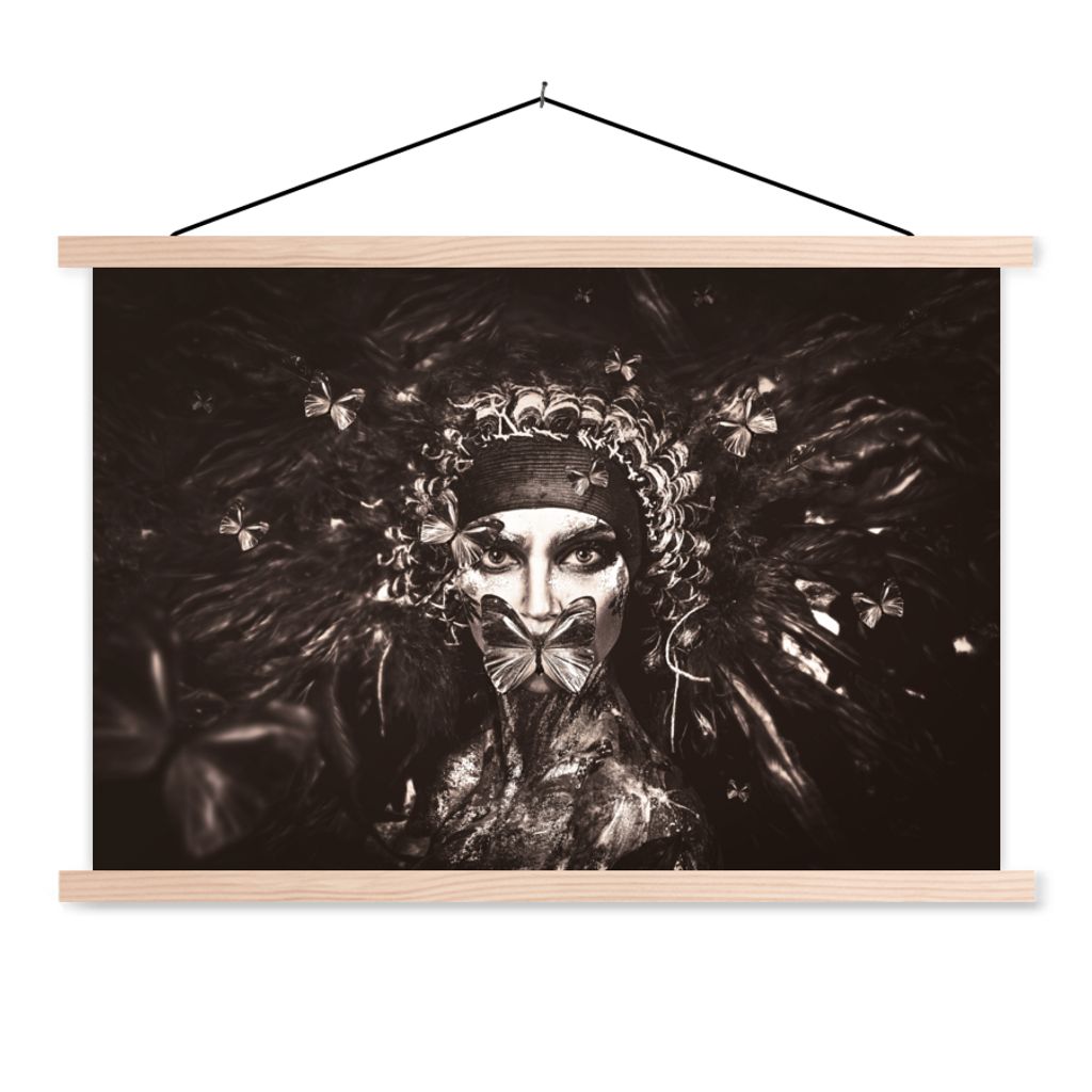 MuchoWow Textilposter Frau - Schwarz - Weiß - Luxus 120x80 cm mit holzfarbenen Rahmen - Aufhängeset