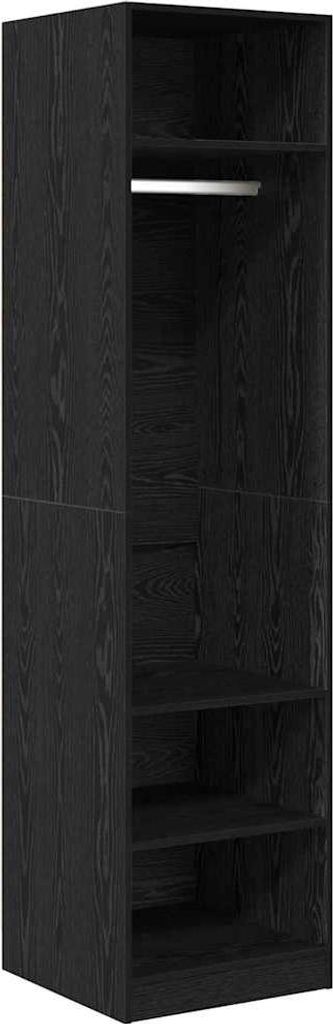 A black wooden wardrobe with shelves and a hanging rod.