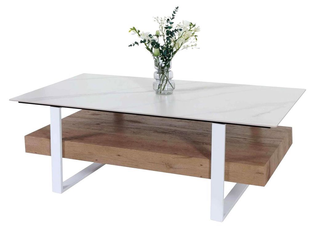 Couchtisch mit Ablage aus Eisen, 43x120x60cm, Sinterstein in Marmor-Optik weiß, Holz natur