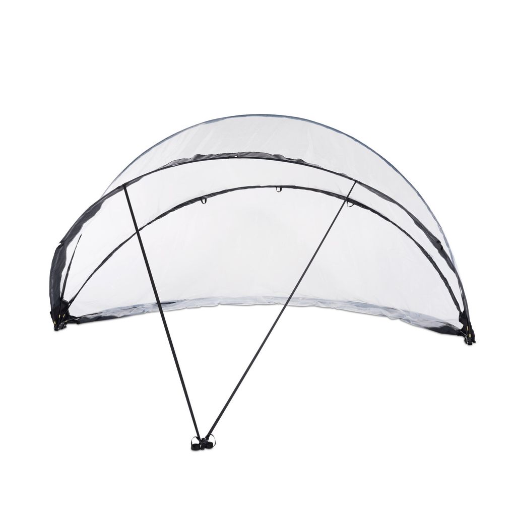 A transparent pool cover with black trim and supports, shown against a white background.