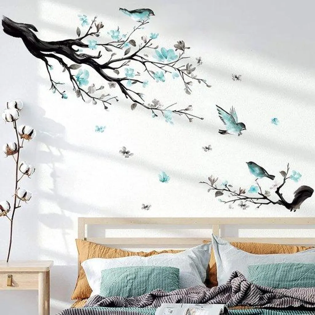 Sticker Mural Texture Florale et Oiseau - Décoration Murale Effet Peinture
