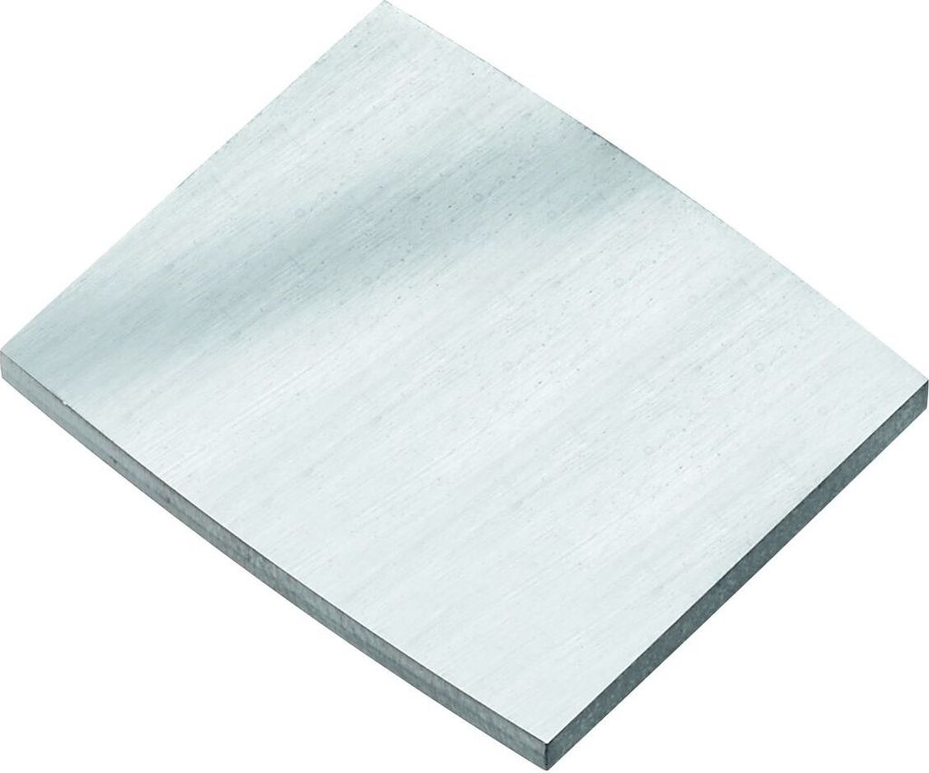 A single, flat, rectangular metal plate with a brushed finish, shown at an angle on a white background.