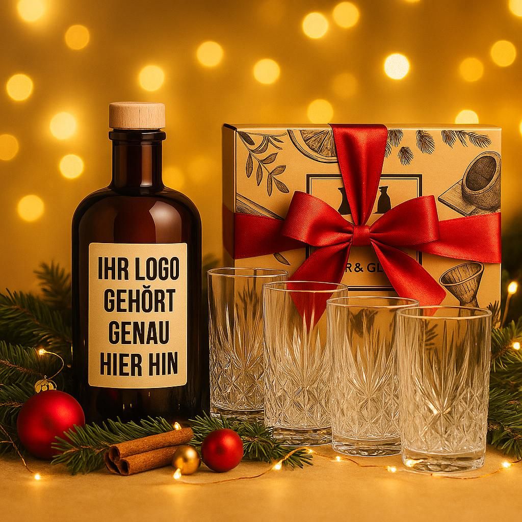 Individuelles Firmen-Geschenkset – Personalisierter Gin 0,5 L (41% Vol.) & 4 Kristall Longdrinkgläser in Premium Mixcompany Geschenkbox - [Enth...