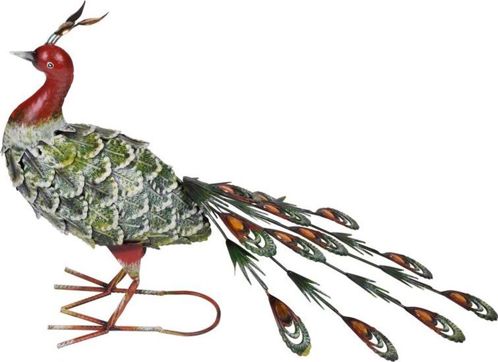 A decorative metal peacock figurine.