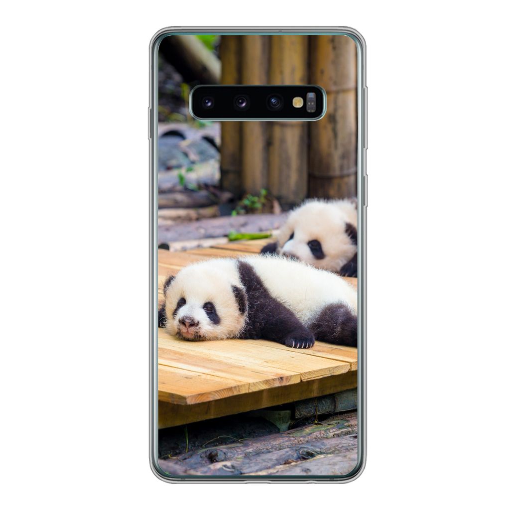 MuchoWow Handyhülle Schutzhülle Hülle für Samsung Galaxy S10 Pandas - Boden - Holz Silikon Softcase Handy Hülle - Handytasche