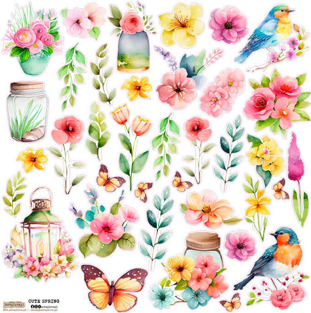 AUFKLEBER - ScrapLove - Niedliche Frühlingsblumen Vögel Schmetterlinge