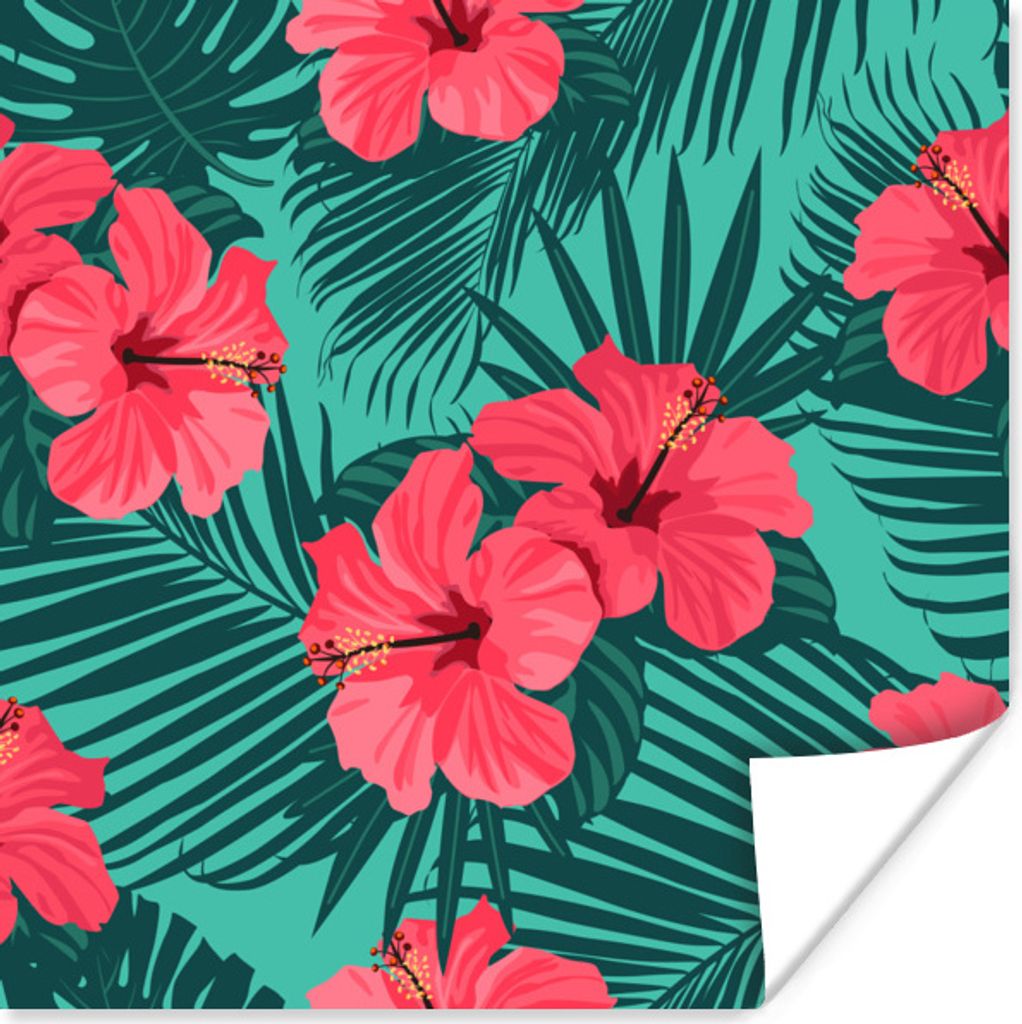 MuchoWow Poster Tropisch - Blumen - Palmenblatt 50x50 cm - Wohnzimmerdekoration