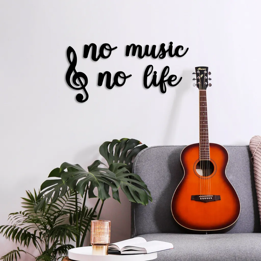 Déco Murale 100% Métal Noir No Music No Life - Qualité Wallity Pro