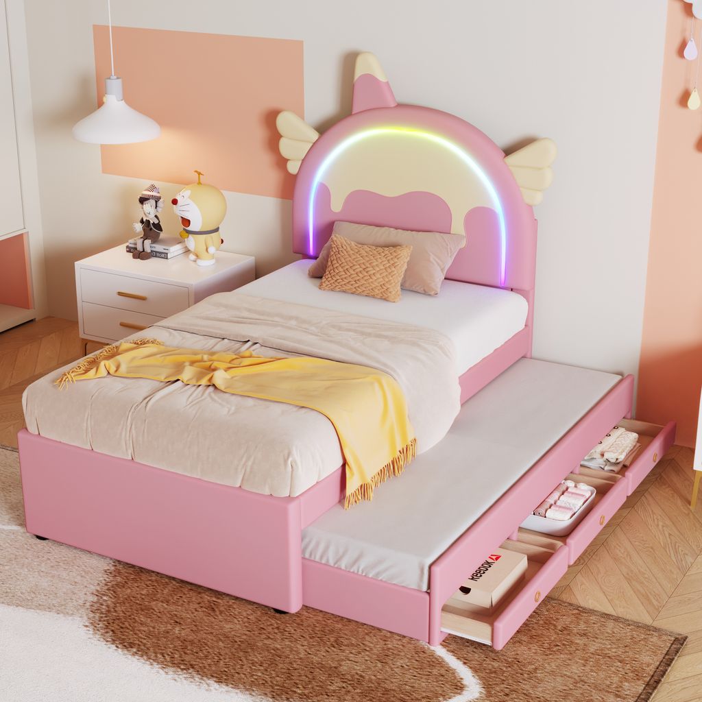 Abrihome Kinderbett 90×200cm mit Ausziehbarem und 3-in-1 Schublade, Polsterbett mit Einhornform Kopfteil, Rosa