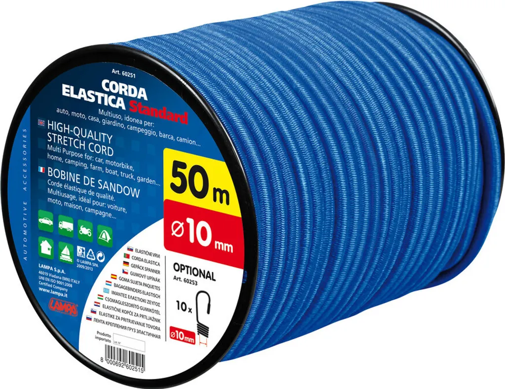 Sandow élastique bleu de 10mm en rouleau de 50m pour bâche et remorque