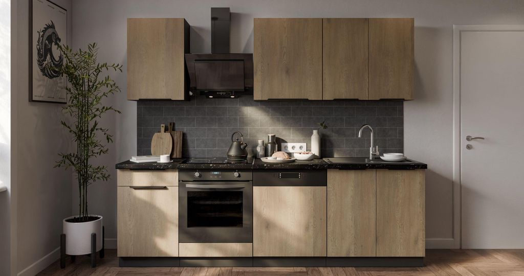 Küche CREMONA Basic 250 cm Eiche hell Küchenzeile Küchenblock Singleküche Einbauküche