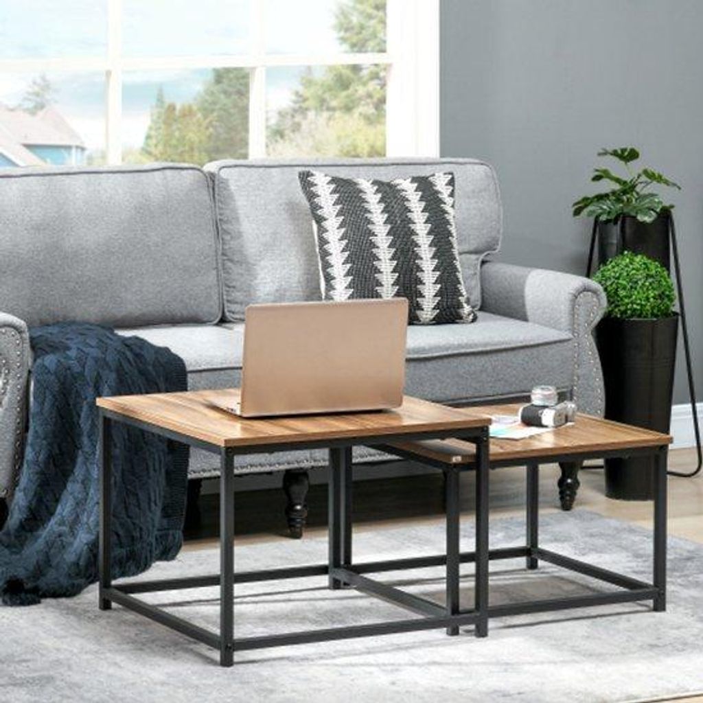 Industrieel stahl Salontafel Set mit Holzoptik in Natur