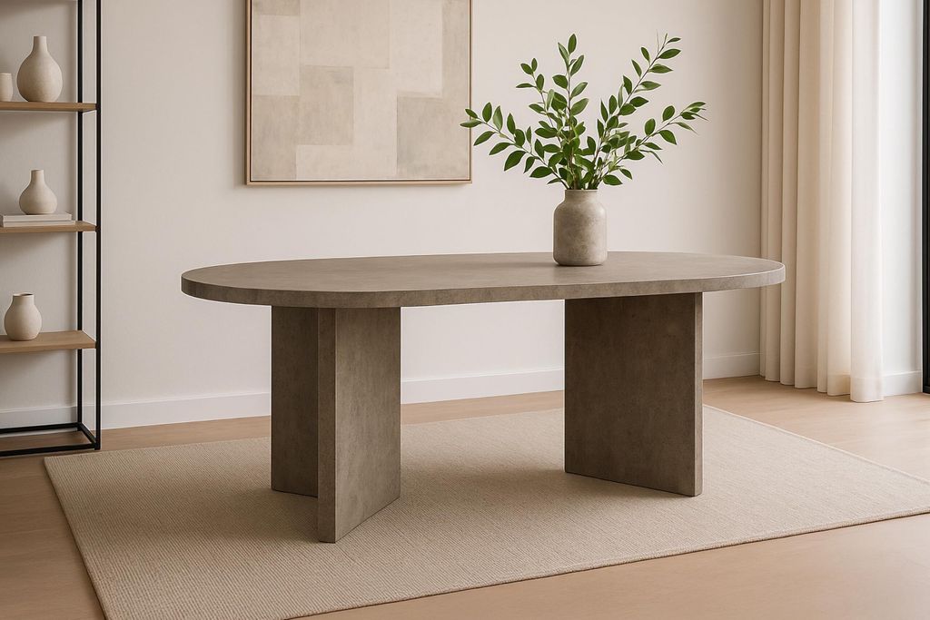 An oval dining table with a gray wood-look finish is placed on a light-colored rug in a well-lit room. A vase with green branches sits on the table.