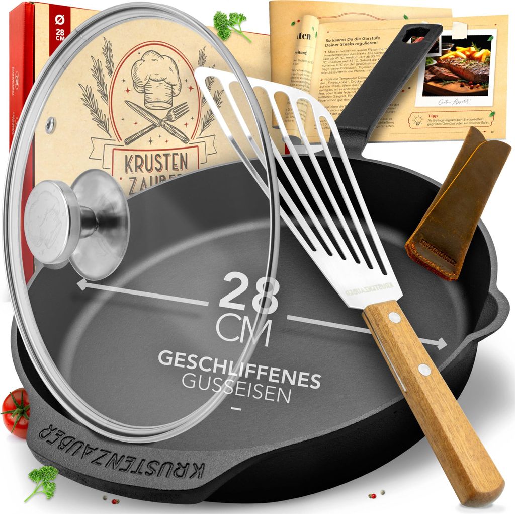 KRUSTENZAUBER 28cm Gusseisenpfanne Induktion Set - Fein Geschliffene Gusseisen Pfanne - Ideale Grillpfanne Induktion, Eisenpfanne, Cast Iron Pan, B...