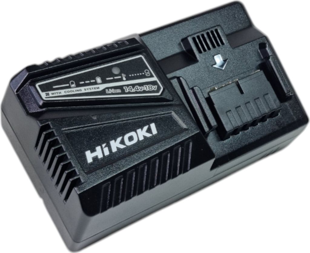 A black HiKOKI battery charger is shown against a white background.