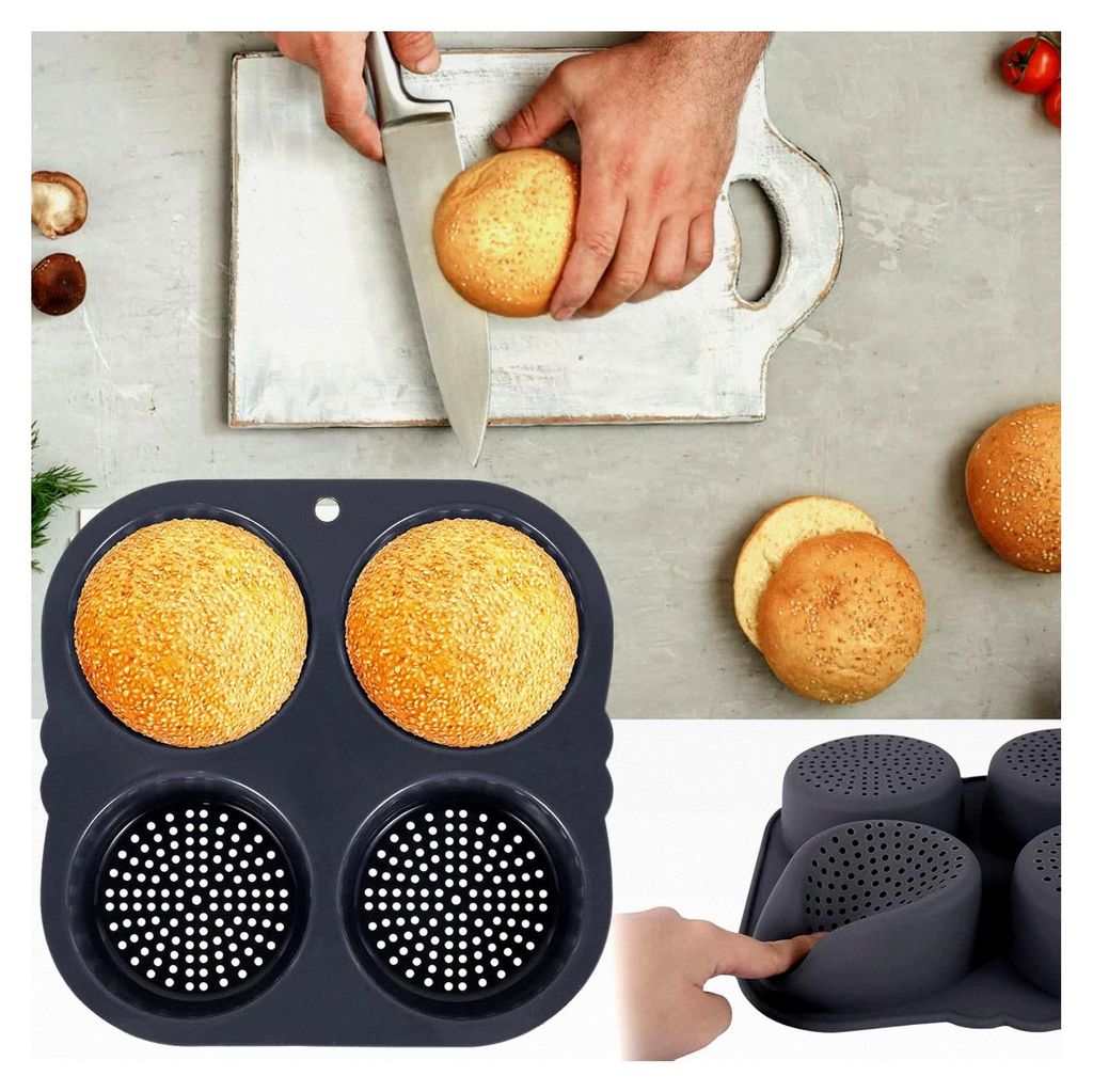 2 Silikon-Hamburger-Brötchenformen, 4 Mulden, antihaftbeschichtet, Eier-Muffin-Backform, flexibel, wiederverwendbar