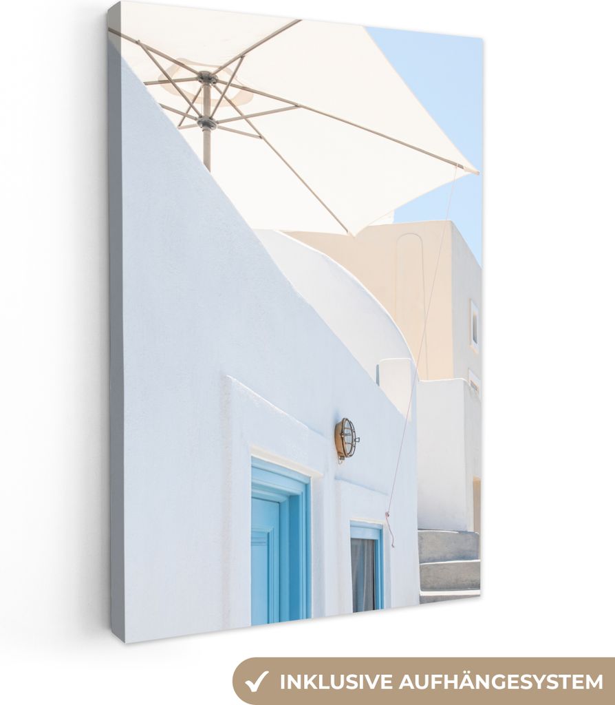 OneMillionCanvasses - Leinwandbilder - 90x140 cm, Architektur - Sonnenschirm - Tür - Weiß - Blau, Wandbilder Kunstdruck Wanddekoration - Foto a...