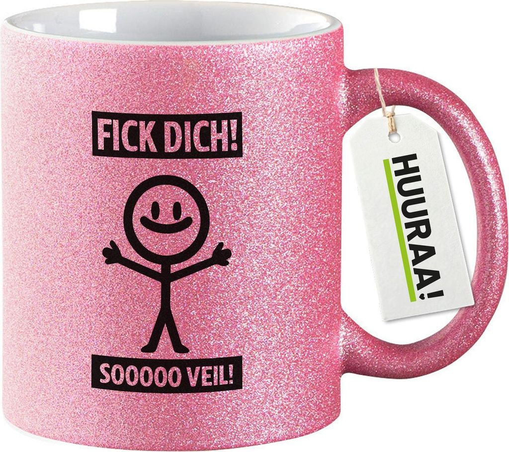 Huuraa Glitzertasse F*ck dick so viel Strichmännchen 330ml Pink Keramik Kaffeebecher Geschenkidee