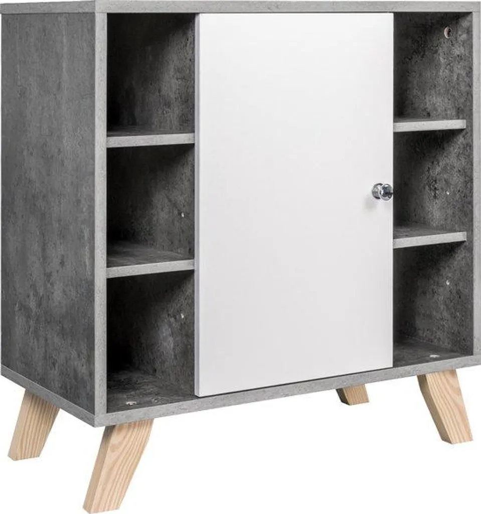 Meuble sous-lavabo gris avec panier à linge et tiroirs de rangement