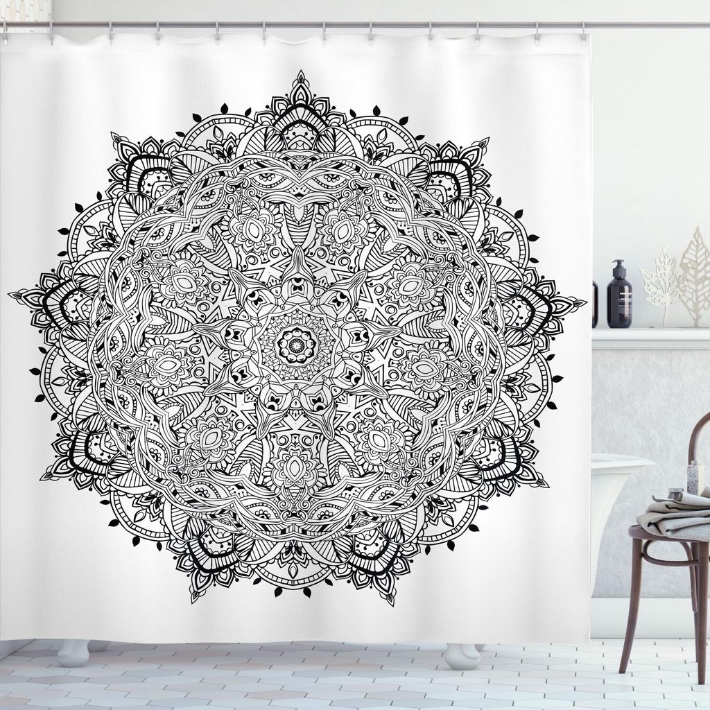 ABAKUHAUS Mandala Duschvorhang, Spitze wie Macro Round Tribal Motiv mit Mix Paisley Blatt Elemente Kitsch Bild, 175 x 200 cm, Weiß Schwarz