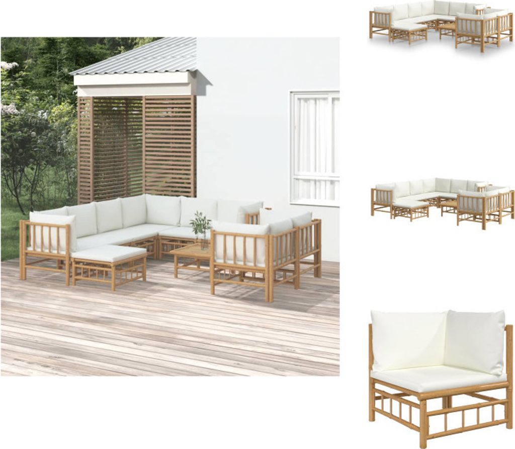 vidaXL 10-tlg. Garten-Lounge-Set mit Cremeweißen Kissen Bambus - Gartenmöbel-Sets