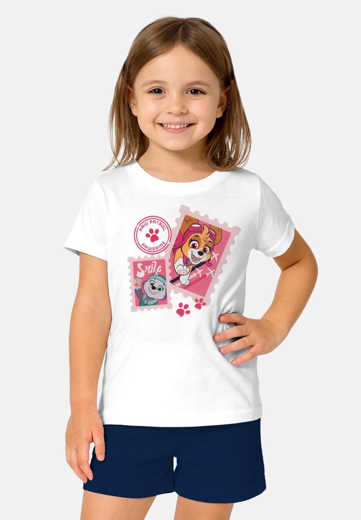 Paw Patrol Schlafanzug für Mädchen - Kinder Pyjama Set Kurzarm Oberteil mit Hose Weiß/Blau 98-104