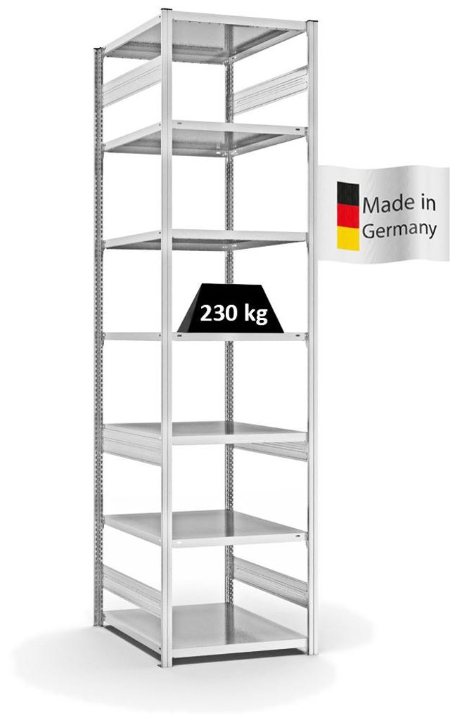 PROREGAL Fachbodenregal Stecksystem MAGNUS Germany | HxBxT 300x75x80cm | 7 Ebenen | Fachlast 230 kg | Beidseitig nutzbar | Lichtgrau