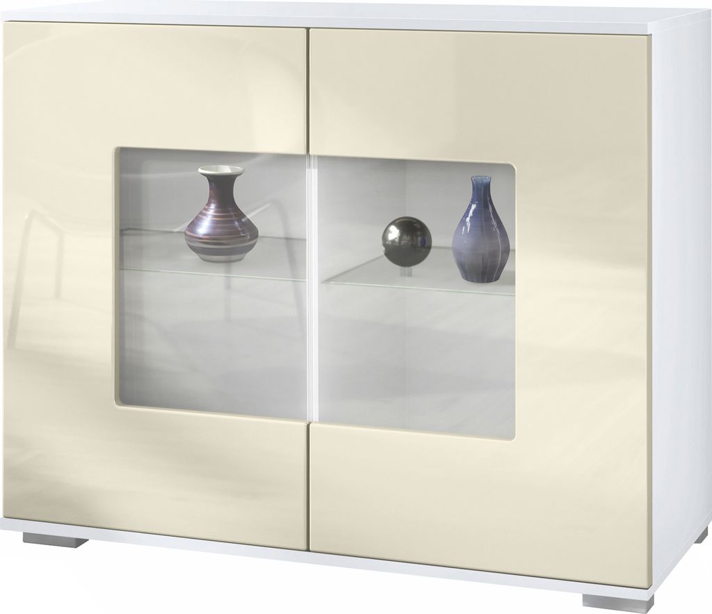 Vladon Kommode Grömitz V3, Moderner Küchenschrank mit 2 großen Glastüren inkl. RGB Beleuchtung Weiß matt / Creme Hochglanz (92,5 x 75.5 x 35)