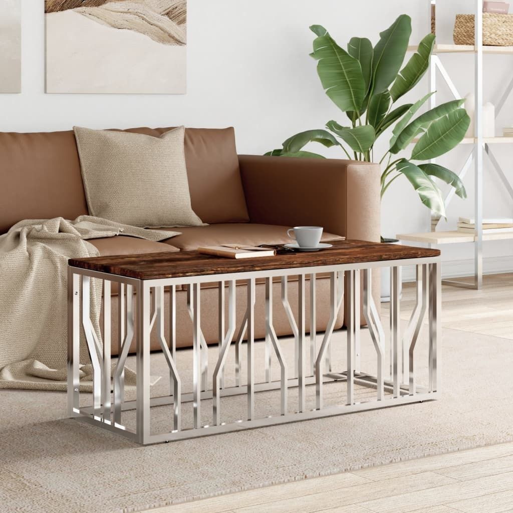 The Living Store Couchtisch Edelstahl und Massives Altholz