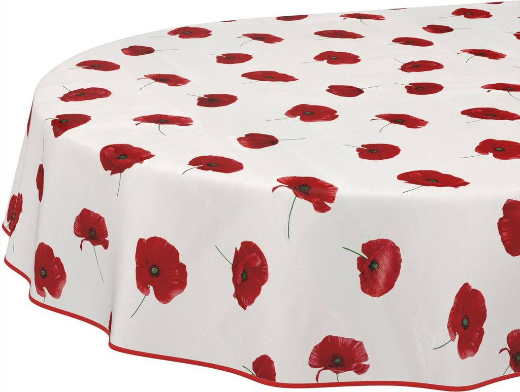 Tischdecke Wachstuch Blumen Weiß Robust Wasserabweisend Oval Breite 140 cm Länge 180 cm