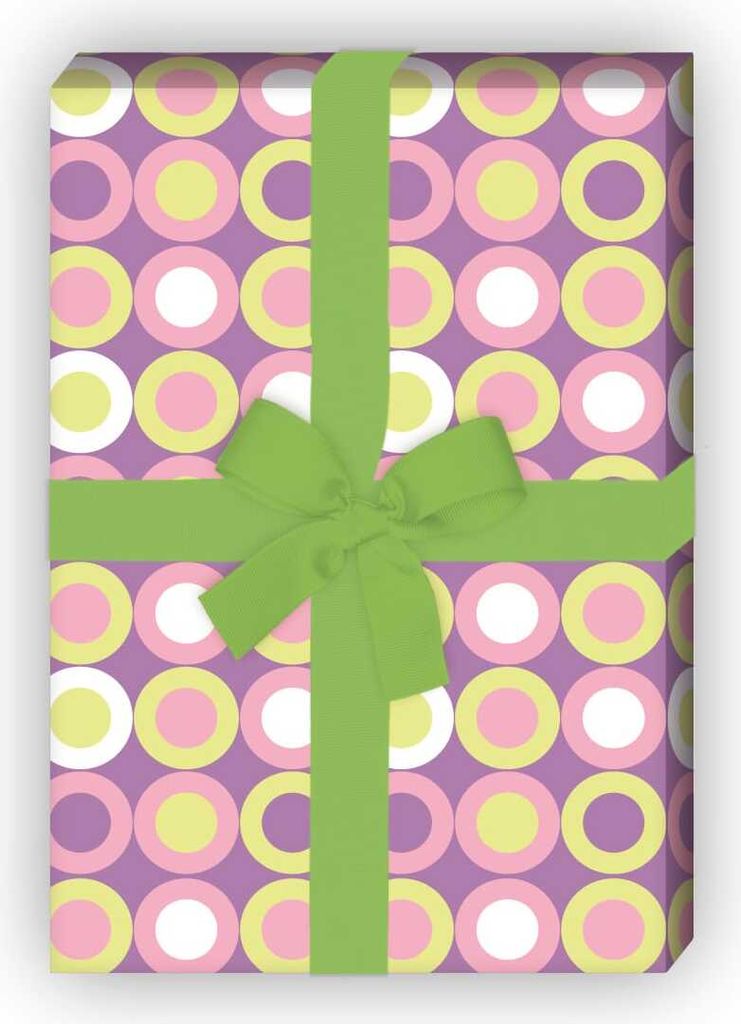 Trendiges 70er Jahre Punkte Geschenkpapier mit Kreisen in lila grün - G7201, 32 x 48cm