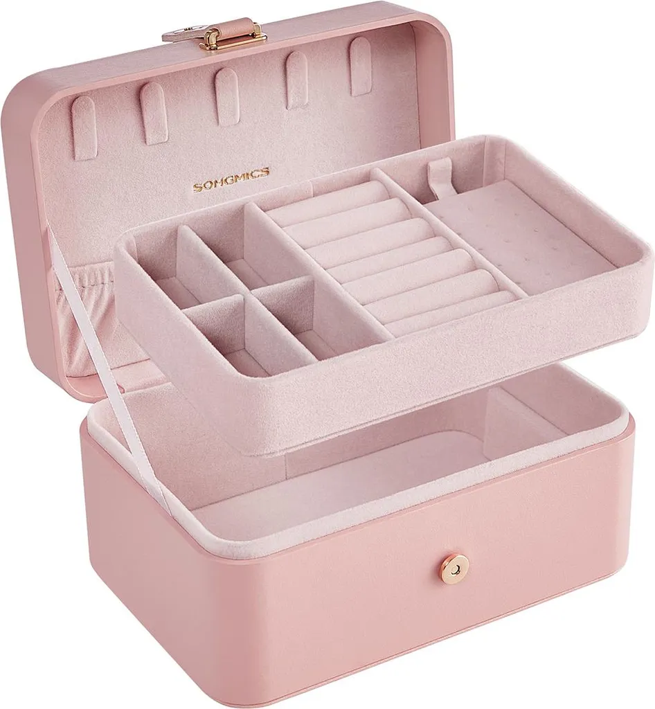 Boîte à bijoux de voyage compacte double niveau rose pastel élégante