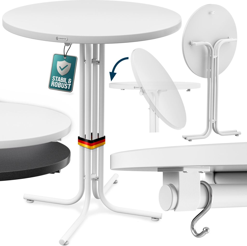 Casaria Stehtisch Klappbar Outdoor Gastro Bistrotisch 2x Haken Ø 80 cm Rund Witterungsbeständig Weiß Bartisch pulverbeschichtet Metall MDF