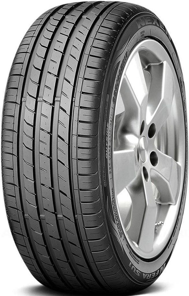 A close-up studio shot of a car tire mounted on a silver alloy wheel, presented against a white background.