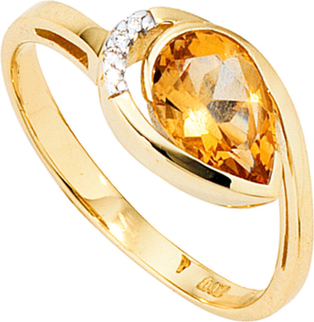 JOBO Damen Ring 585 Gold Gelbgold teilrhodiniert 4 Diamanten Brillanten 1 Citrin Größe 54