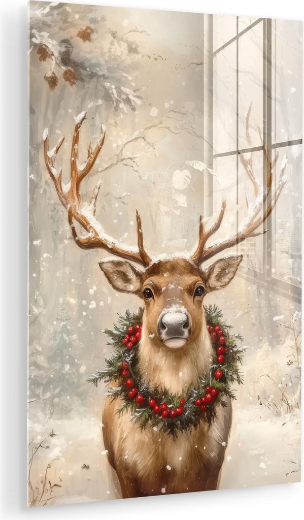 MuchoWow Glasbilder - Bilder auf Wandbild - Foto auf Glas Weihnachten - Rentier - Winter - Kranz 20x30 cm Wanddekoration aus Glas - Acrylglasbild -...