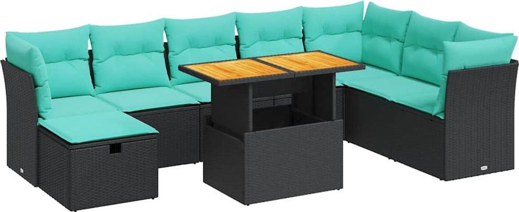 9-tlg. Garten-Sofagarnitur mit Kissen Grau Poly Rattan Akazie