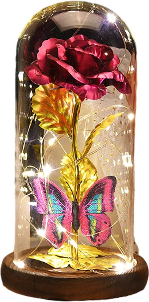 Rosenlampe, vergoldete Rose und LED-Streifenlichter mit abgefallenen Blütenblättern in einer Glaskuppel auf einem Holzsockel,Rose red
