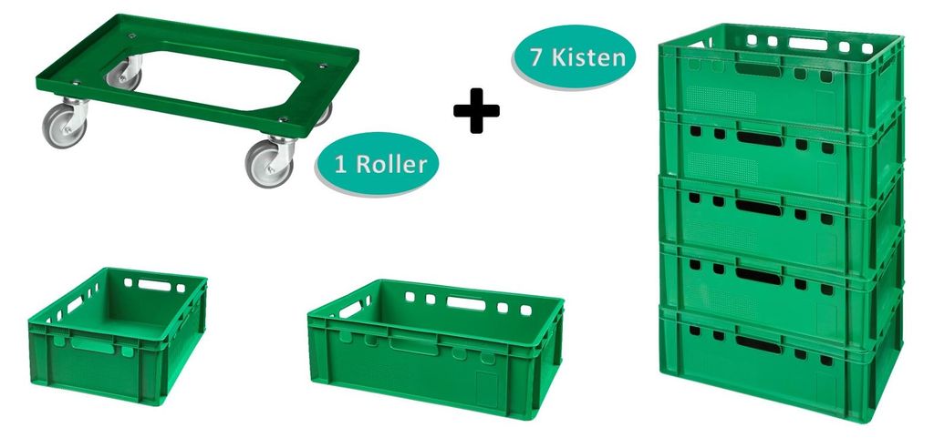 7 Stück E2-Kasten grün + 1 Transportroller mit vier Produktbild 