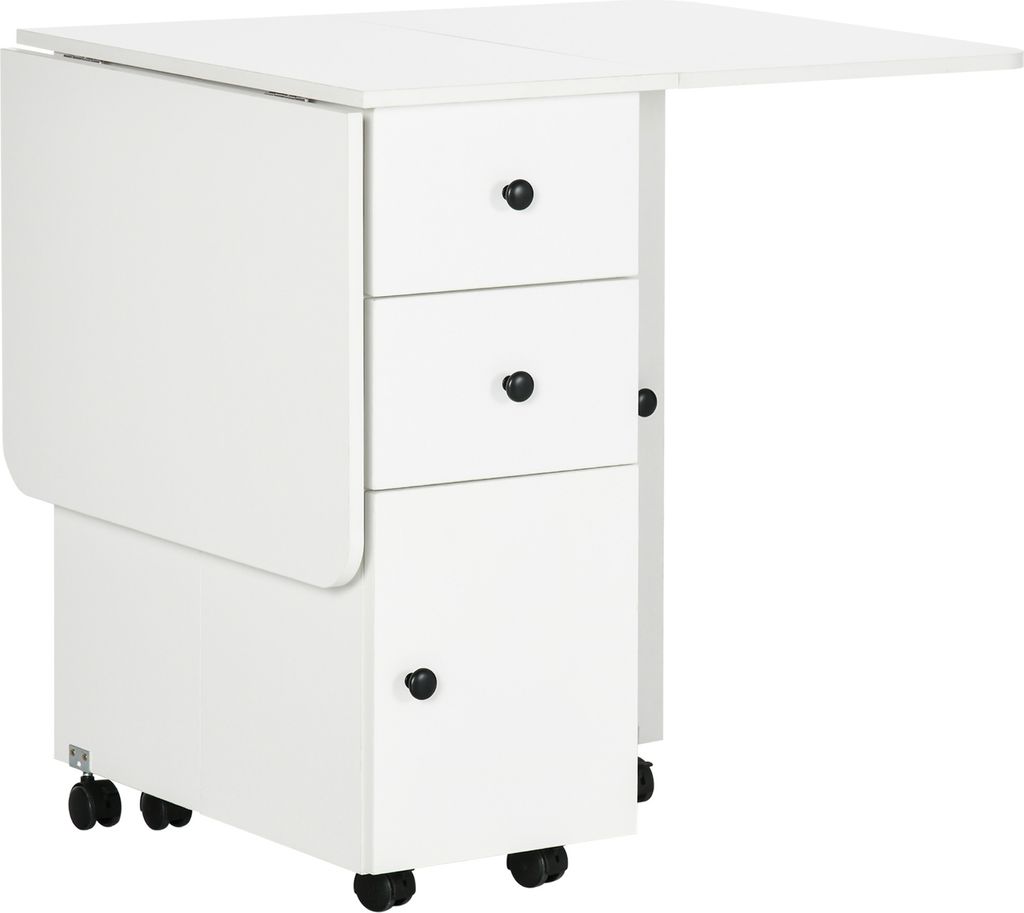 A white folding table with drawers and a cabinet on wheels.
